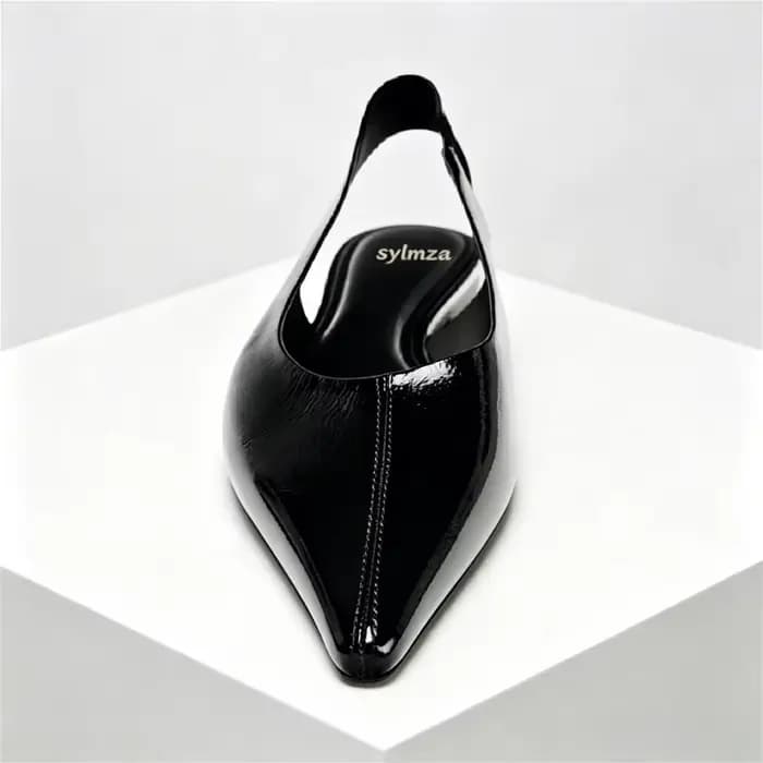 Ballerines en cuir verni noir pour femmes, sandales plates Sexy à bout pointu, Slingback en cuir souple, chaussures de bureau confortables pour femmes