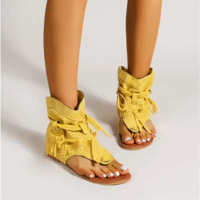 Nouvelles Sandales Femme 2026 Rétro Style Gladiateur à Clip d'Orteil Bottes Vintage Décontractées à Pompons Mode