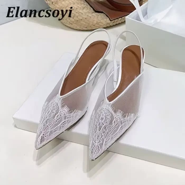 Mode Satin dentelle chaton talons bout pointu sandales femmes pompes talons bas sangle arrière Sandalias été élégant Banquet chaussures