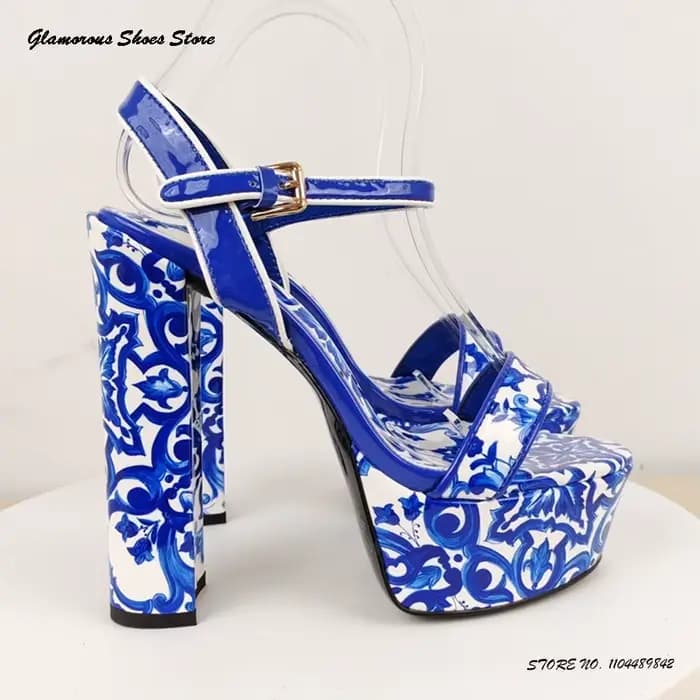 Sandales à plateforme de Style vacances bohème pour femmes, chaussures de soirée à talons hauts en cuir avec sangle à boucle imprimée, bout rond et ouvert, talon épais