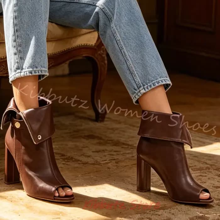Bottines pour femmes à bout ouvert, talons carrés épais, fermeture éclair, style vintage, décontractées, en cuir, couleur unie, mode, sexy, élégantes
