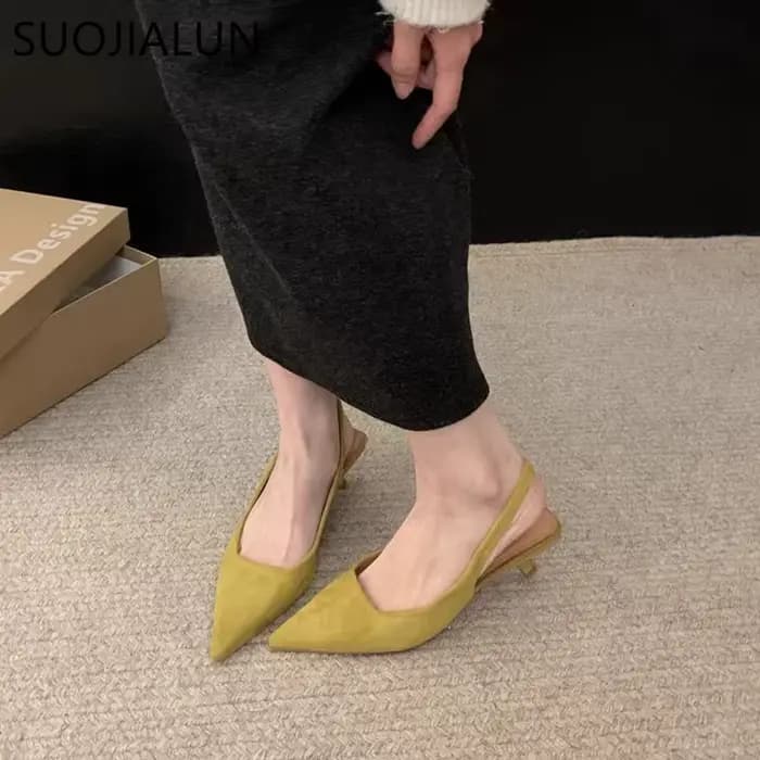SUOJIALUN 2024 printemps nouvelles femmes sandale mode bout pointu peu profond sans lacet robe Mules chaussures mince