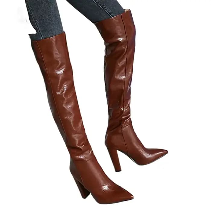 Cuissardes hautes femmes marine marron gris couleur bout pointu Sexy hiver talons hauts motif plissé sur le genou bottes longues 225