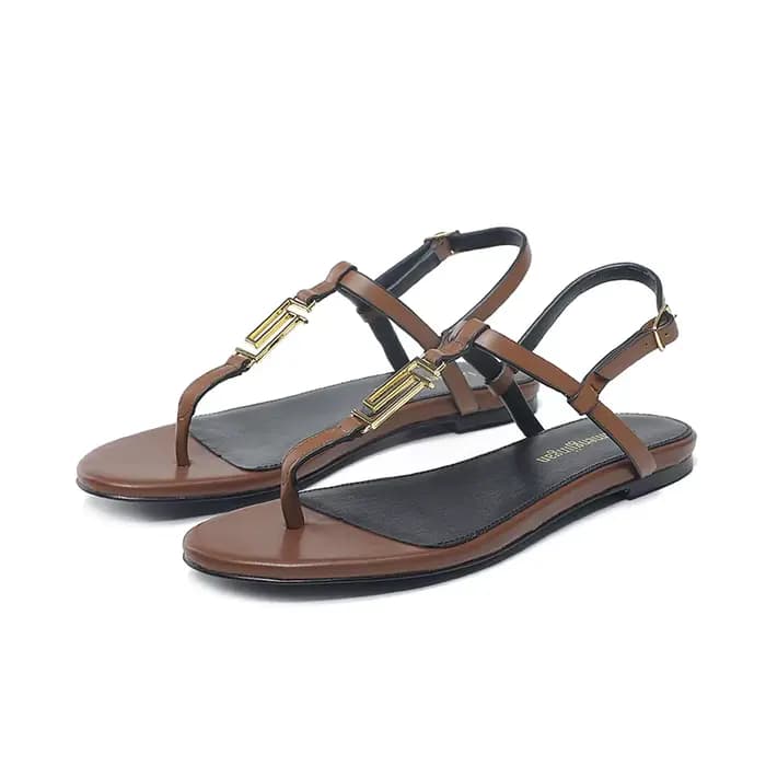 2024 mode femmes sandales d'été en cuir véritable métal décoratif semelle plate dentelle strucOpen Parker en forme de T Sandals34-44 d'extérieur