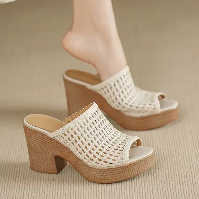 Sandales à talons hauts pour femmes, style rétro, ajourées, en maille tressée, à talon compensé, type mule, pour l'été, simples, polyvalentes, décontractées au quotidien, à plateforme 2026