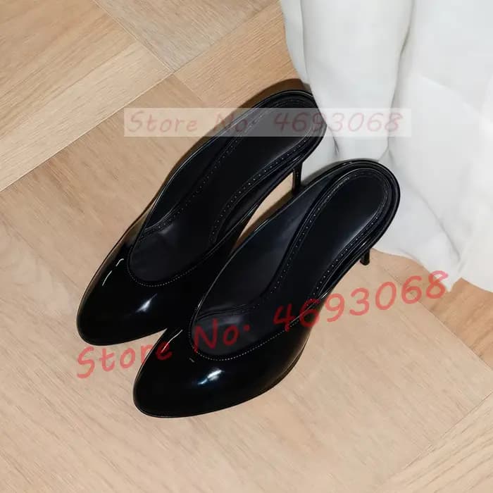 Mules à bout rond en cuir verni noir pour femmes