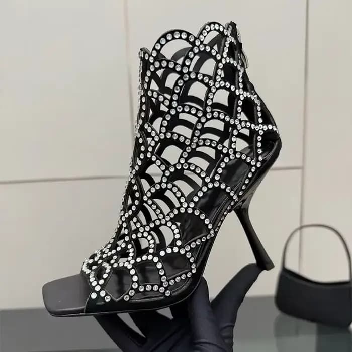 Sandales à talons hauts et fins en cristal brillant pour femmes, bottes ajourées à bout ouvert avec strass scintillants, chaussures de robe de Banquet pour printemps et été