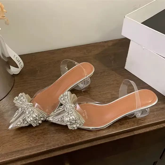 Liyke 2026 printemps Sexy Slingback chaussures femmes Mules sandales mode cristal diamant nœud papillon bout pointu talons transparents pompes