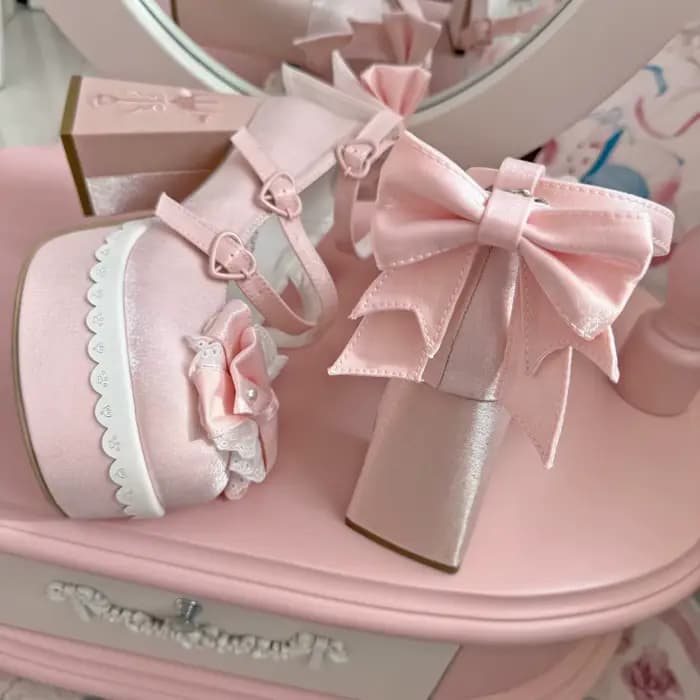 Belles filles Lolita talons hauts plate-forme chaussures, jeunes femmes étudiantes doux perle dentelle nœuds papillon broderie bride à la cheville Mary Janes