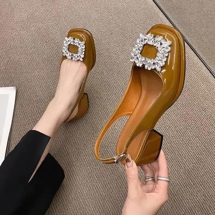 Baotou-Sandales d'Été à Tête Carrée pour Femme, Nouvelles Sandales Françaises Rétro, Diamant d'Eau, ConstruBack Hollow Optics Heel Sandals Large 42