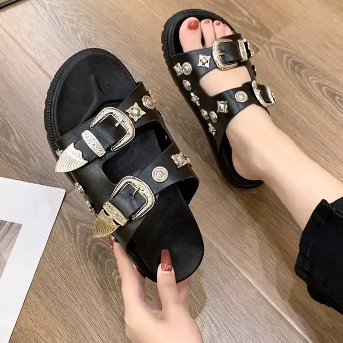 Sandales noires pour femmes Punk pantoufles cloutées boucle décor bout ouvert