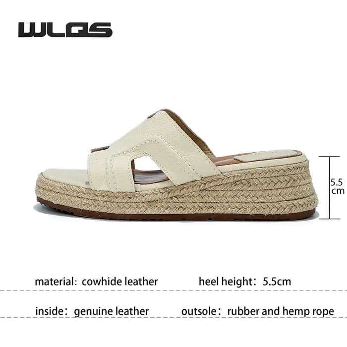 WLQS Sandales Femme en Cuir Véritable avec Semelle en Corde de Jute