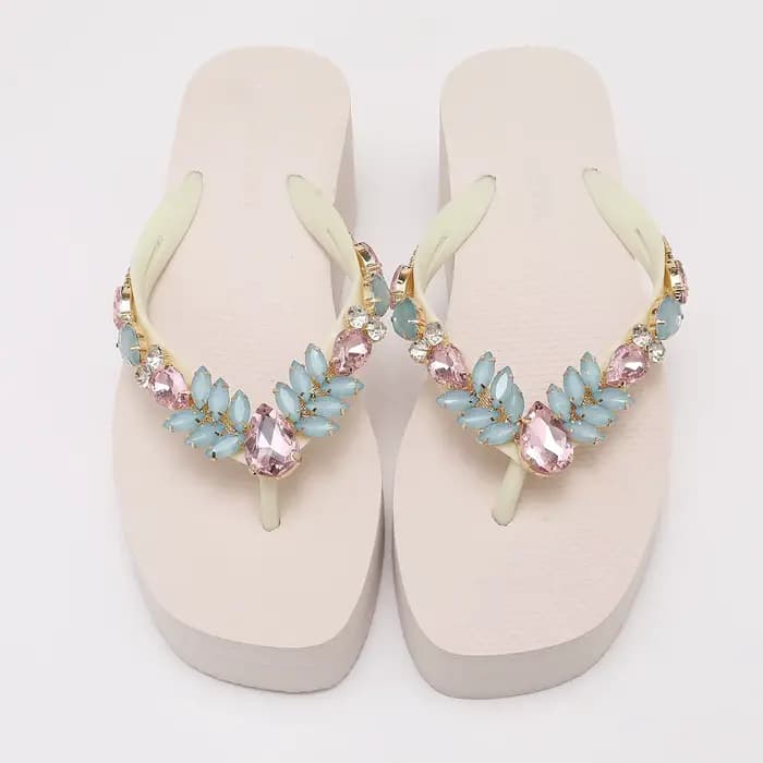 Tongs à talon compensé pour femmes - Sandales plateforme rose blush avec embellissements en cristal Chaussures d'été élégantes