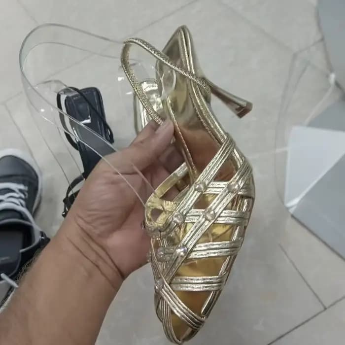 Talons hauts Slingback dorés de qualité supérieure avec strass scintillants