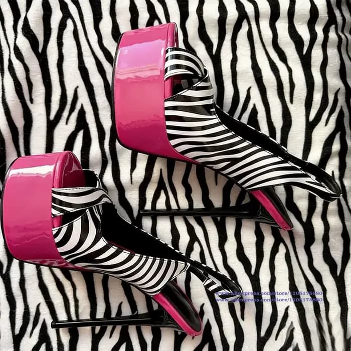 Chaussures à talons hauts à plateforme à imprimé zèbre rose vif pour femmes