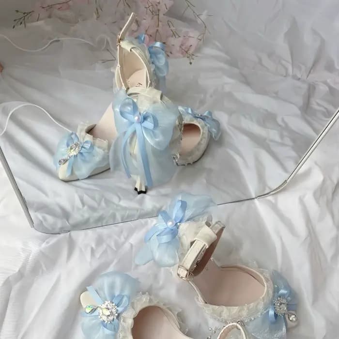 Chaussures Lolita à talons blancs et bleus pour femmes, chaussures Mary Jane, chaussures de mariage à plateforme, chaussures élégantes à talons pour fête