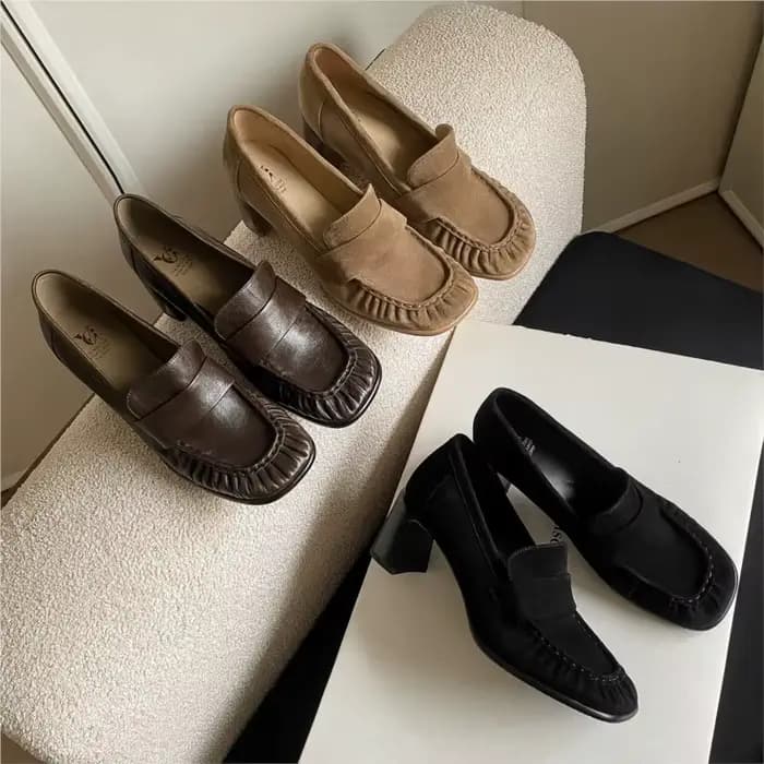 Dilalula 2026 mocassins à talons hauts en daim de vache naturel pour femmes chaussures à enfiler plissées pour femme