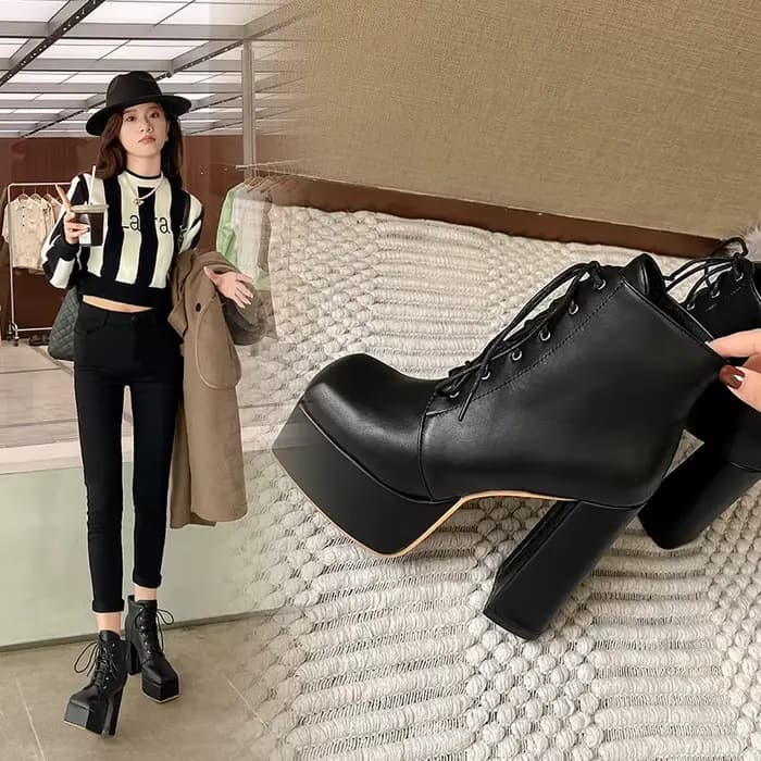 Bout carré plate-forme haute à talons hauts à lacets couleur unie bottes en cuir noir finition mate printemps et