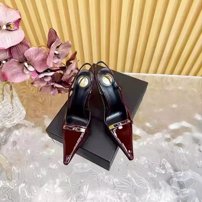 2025 Été Nouveau! Sandales à talons aiguilles en cuir verni à bout pointu avec boucle en métal