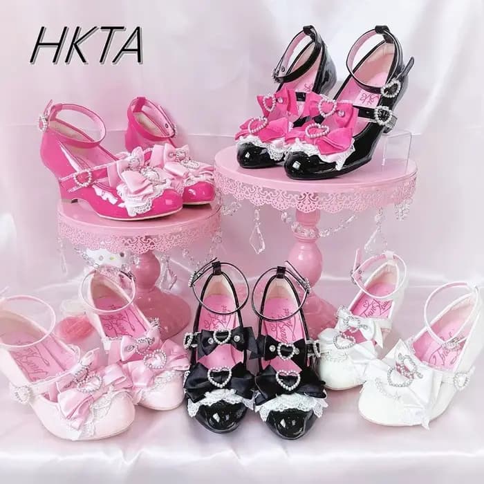 Chaussure compensée imprimée série Gal chaussures à talons creux saveur ancienne japonaise Lo chaussures nœud Punk Lolita perles amour Mary Jane chaussure