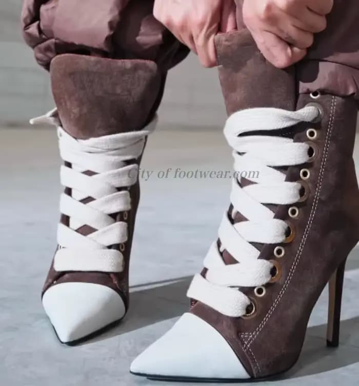 Bottines à bout pointu en daim chic, talons aiguilles, lacets colorés, cuir, grandes tailles, chaussures de luxe pour femmes, talons hauts sexy marron.