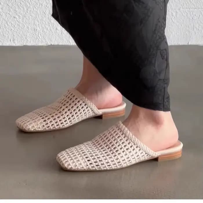 Femme chaussures femmes Mules bout carré évider deux couches peau de vache
