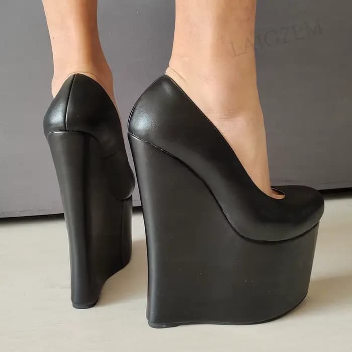 LAIGZEM femmes pompes 20CM talons hauts compensées bout rond Mules fête Faux cuir dames Club chaussures femme grande