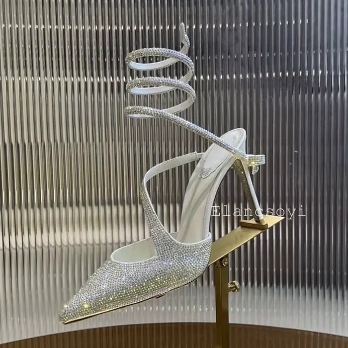Bout pointu talons hauts femmes brillant cristal décor cheville serpent en forme enroulement chaussures de fête