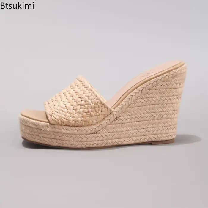 Sandales compensées en corde de chanvre pour femme 2026, à semelle épaisse, en paille tressée, à bride unique, imperméables, plateforme, talons hauts, pour l'été