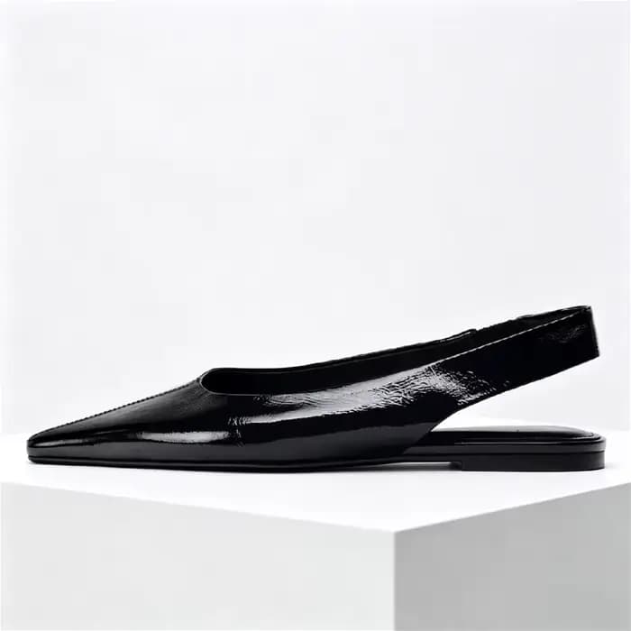 Ballerines en cuir verni noir pour femmes, sandales plates Sexy à bout pointu, Slingback en cuir souple, chaussures de bureau confortables pour femmes