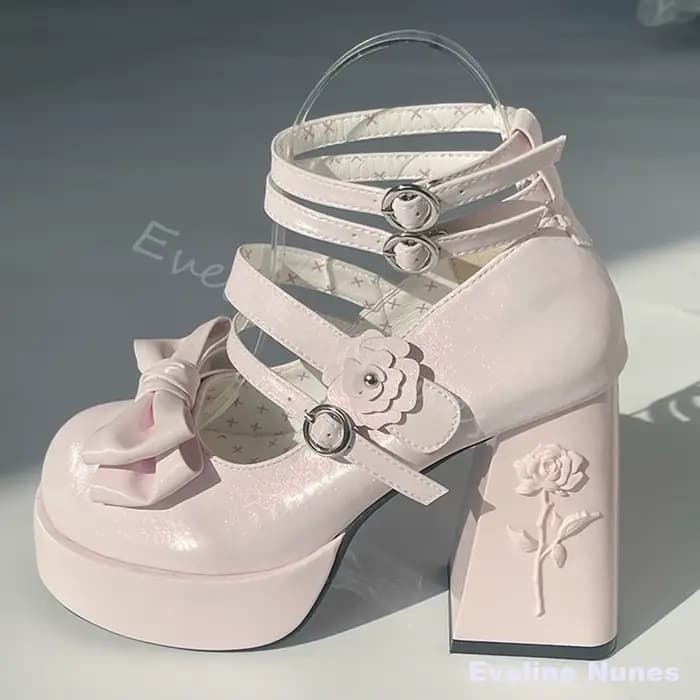 Sandales Lolita à talon épais et plateforme, ornées de roses et de nœuds, polyvalentes, mignonnes et élégantes pour étudiantes