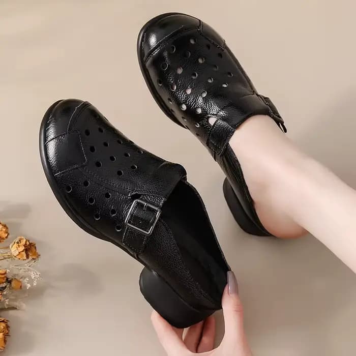 Nouvelles sandales à talons bas en cuir de vache femmes évider mules chaussures femme boucle sangle pantoufle