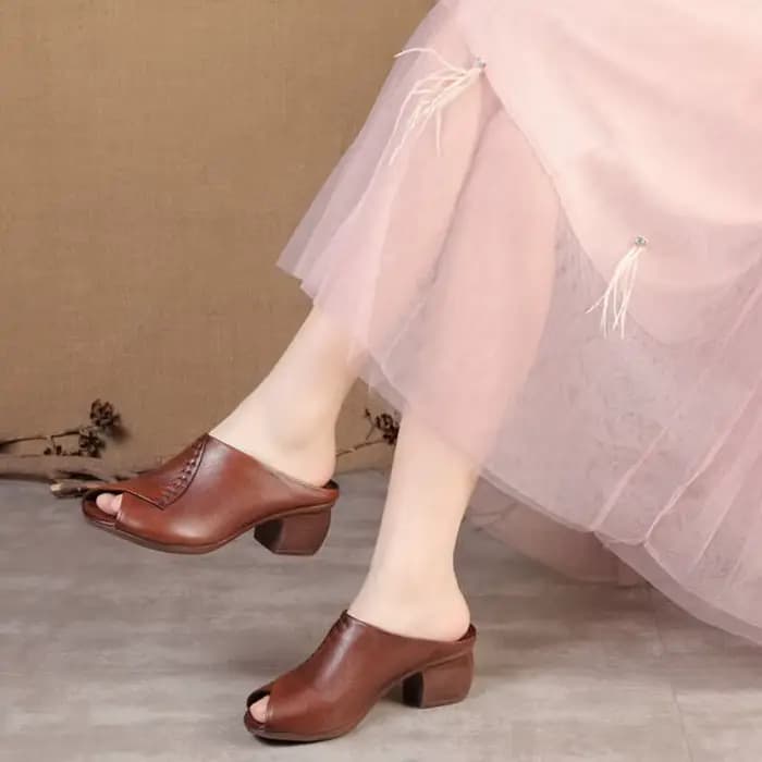 Sandales à Talons Mi-Hauts pour Femme, Chaussures à Bout Ouvert, en Cuir Microcarence, Noir et Marron, Design Original, à la Mode, Été 2021, Livraison Directe