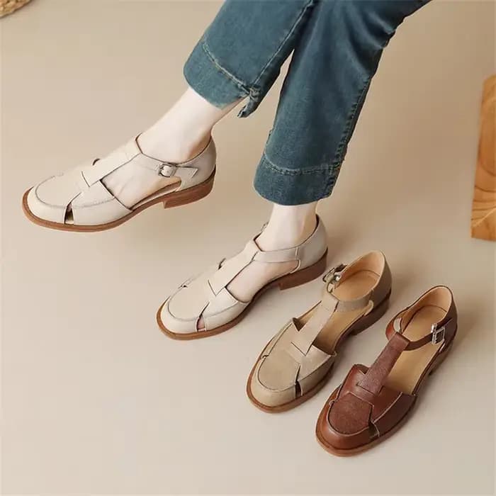 Sandales d'Été Rondes en Cuir de Vache pour Femme