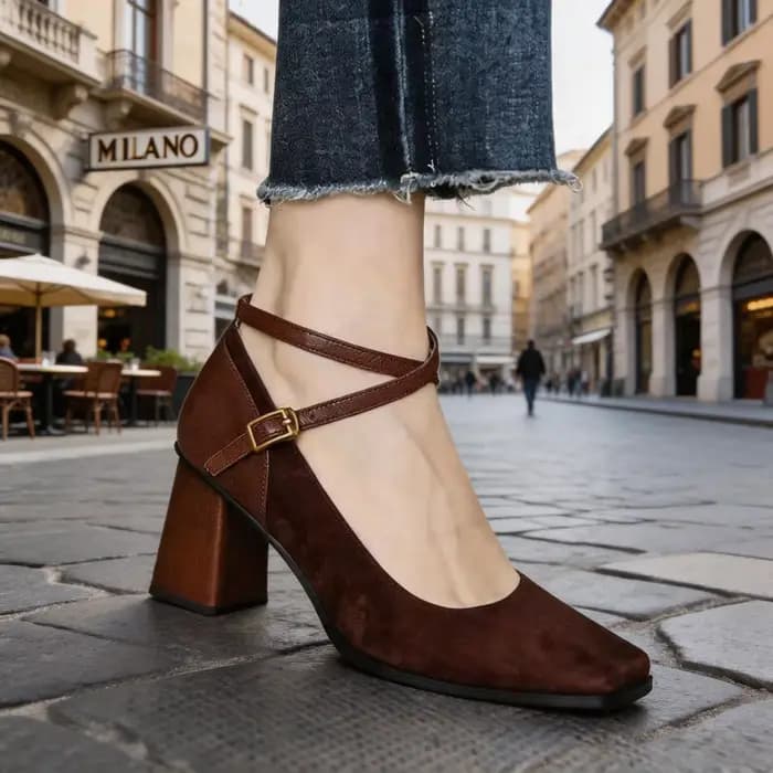 Chaussures à talons hauts, chaussures à plateforme tendance avec bride à la cheville, chaussures de soirée en daim marron à talon carré pour femmes 524