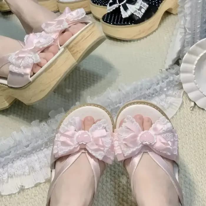 Sandales à plateforme épaisses en bois grainé Sweet Bow pour femmes
