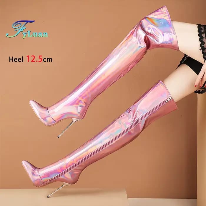 Cuissardes à talons aiguilles holographiques pour femmes