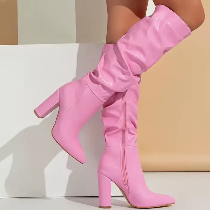 Bout pointu talon épais femmes bottes plissé côté fermeture éclair