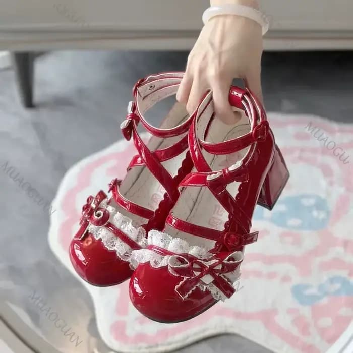 Lolita rouge talons hauts escarpins mignons chaussures printemps automne dentelle talons hauts épais chaussures simples en cuir verni Mary Jane chaussures pour femmes