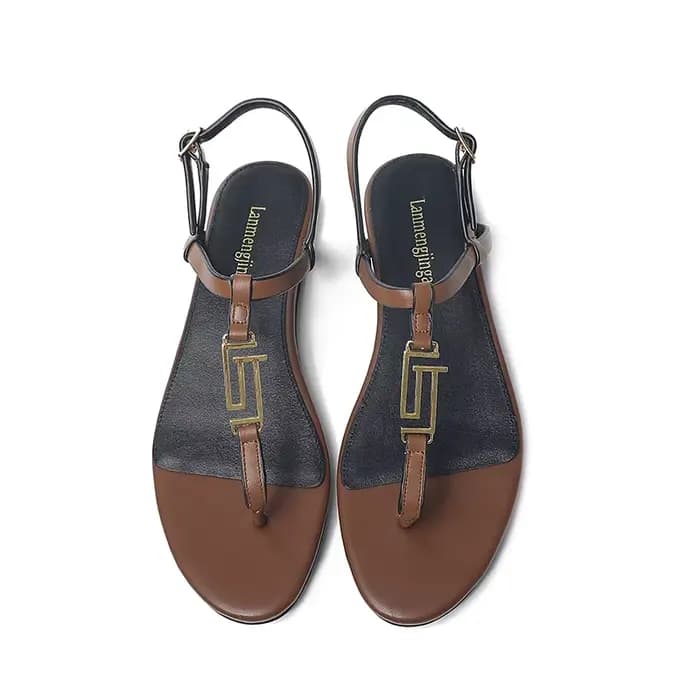 2024 mode femmes sandales d'été en cuir véritable métal décoratif semelle plate dentelle strucOpen Parker en forme de T Sandals34-44 d'extérieur