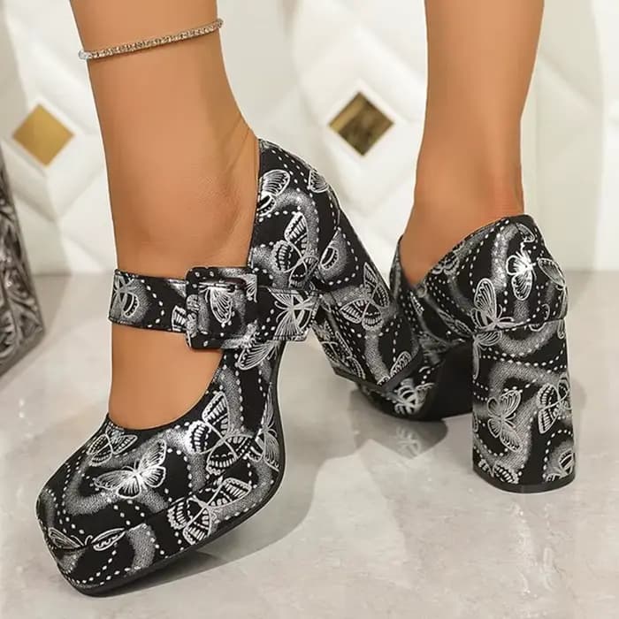 Escarpins Vintage imprimé papillon pour femmes, chaussures à plateforme à talons épais, Mary Janes, Chic, boucle à la cheville, chaussures à talons hauts pour dames