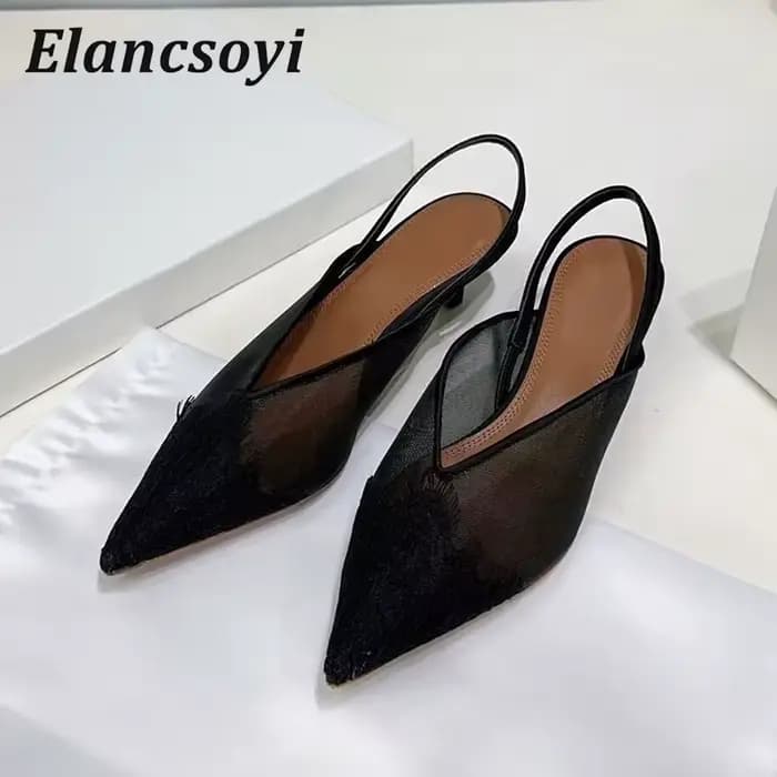 Mode Satin dentelle chaton talons bout pointu sandales femmes pompes talons bas sangle arrière Sandalias été élégant Banquet chaussures