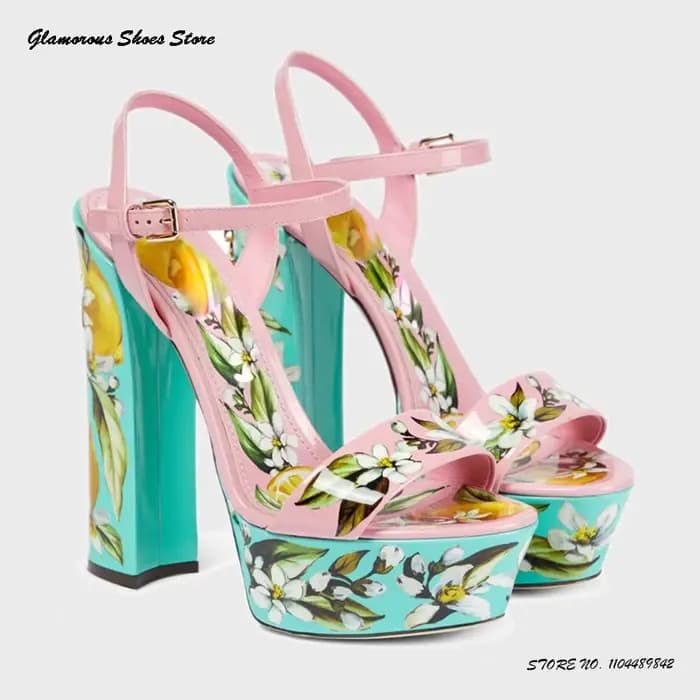 Sandales à plateforme de Style vacances bohème pour femmes, chaussures de soirée à talons hauts en cuir avec sangle à boucle imprimée, bout rond et ouvert, talon épais
