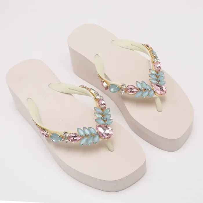 Tongs à talon compensé pour femmes - Sandales plateforme rose blush avec embellissements en cristal Chaussures d'été élégantes