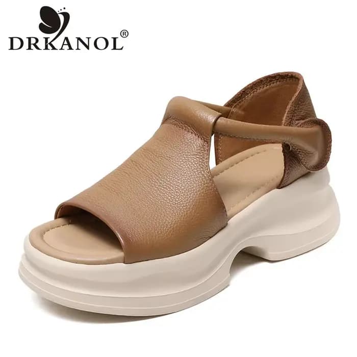 DRKANOL 2026 chaussures d'été femmes sandales à talons épais nouveau Design crochet et boucle en cuir véritable bout