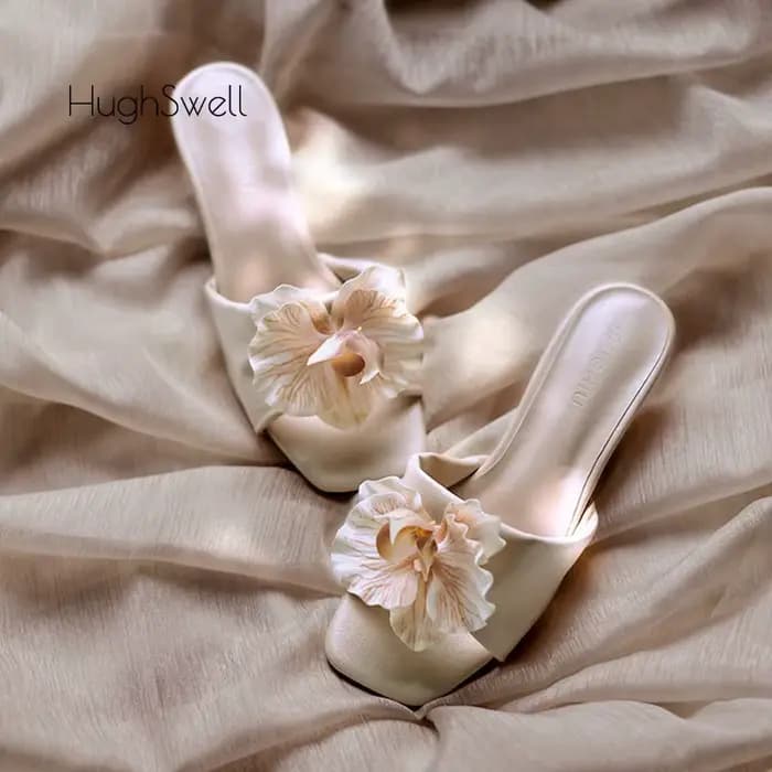 Élégant couleur nue papillon orchidée fleur Stiletto Mule glisser femme marque Design bout carré doux chaton talon pompe florale chaussure