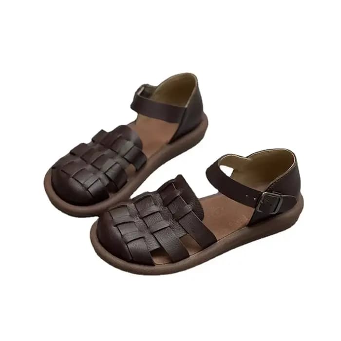 Sandales Plates Rétro en Cuir de Vache pour Femme