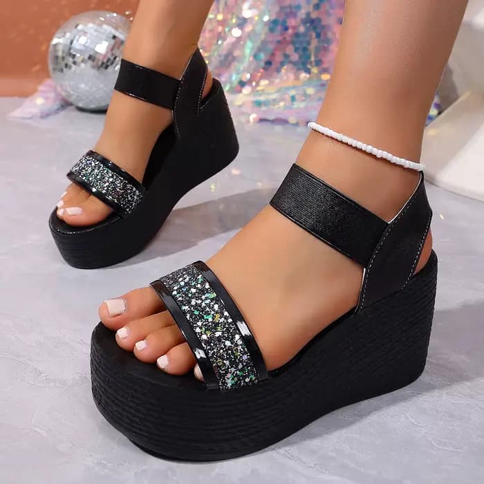 Sandales compensées dorées à paillettes pour femme