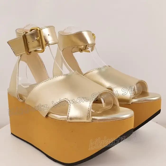 Sandales couleur or plate-forme talon en bois boucle sangle hauteur augmentant mode luxe élégant concis Sexy femmes chaussures bout rond