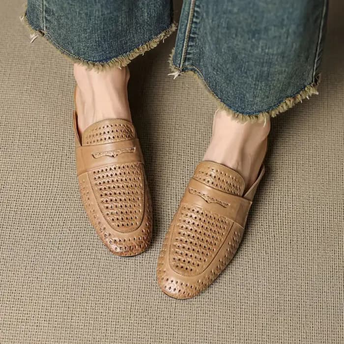 Mules d'été en cuir véritable pour femmes